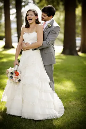 Ivory lace and pleated organza tiered A line strapless sweetheart wedding dress