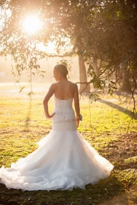 lace up back strapless sweetheart layered organza trumpet wedding dress