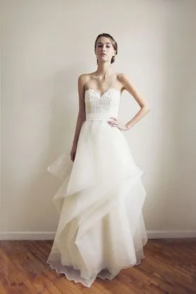 Strapless sweetheart ivory lace and organza layered wedding gown