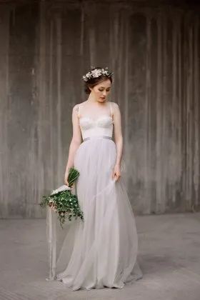 Beautiful ivory lace smoky tulle overlay sweetheart spaghetti strap informal wedding dress