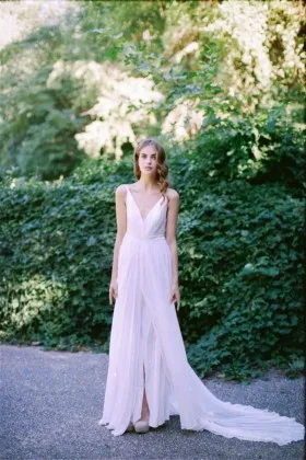 sexy plunging v neckline backless spring white bridal dress