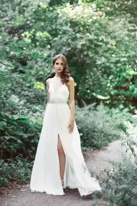 sexy plunging V neck ivory buttons thigh high slit wedding dress