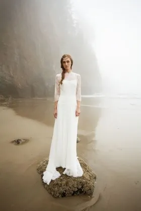 Cool chiffon long wedding dress with illusion 34 sleeve lace top