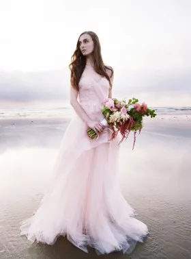 romantic pink strapless sweetheart lace and tulle beach wedding dress