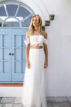 informal two piece floral lace off the shoulder floor length tulle wedding dress