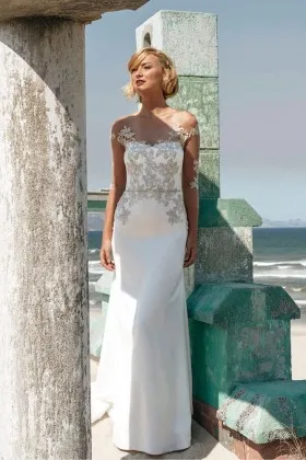 nude lace appliqued ivory satin mermaid 34 sleeve outdoor wedding dress