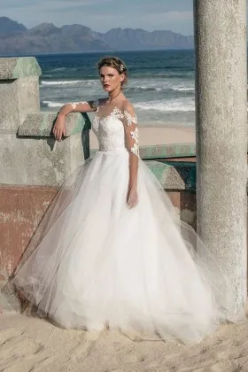 Timeless ivory lace and tulle illusion neckline half sleeves bridal ball gown
