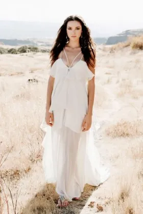 Sexy Sheer Tulle and Tiered Chiffon Casual Bridal Dress with Spaghetti Straps