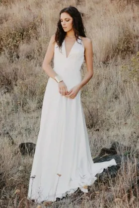 simple ivory V neck open back A line long modern wedding gown