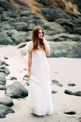 Chantilly lace cap sleeve ivory chiffon spring beach wedding dress