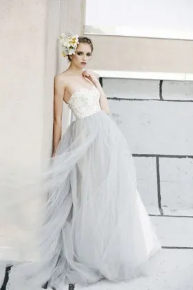 Alluring smoky blue tulle overlay strapless sweetheart wedding ball gown