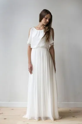 ruffled top jewel neckline ivory flowy chiffon Boho A line wedding dress