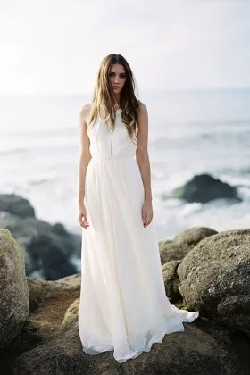 ivory chiffon backless sleeveless beaded jewel neckline beach wedding dress