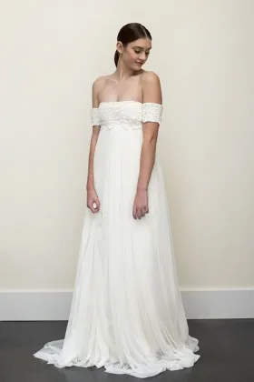 low off the shoulder tulle empire waist A line casual sweep train wedding dress