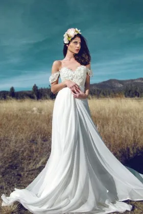 floral off the shoulder ivory lace and chiffon sweep train romantic wedding gown