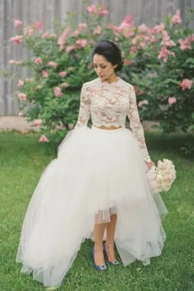 Vintage ivory lace and tulle two piece long sleeve high low wedding gown