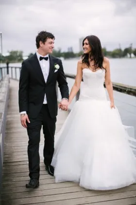 ivory lace and tulle strapless drop waist ball gown wedding dress