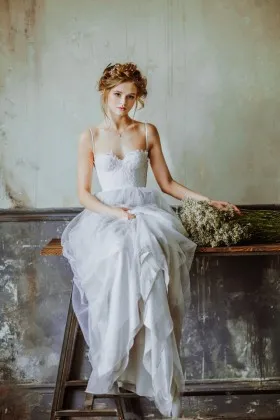 Romantic ivory lace with smoky gray tulle informal long bridal dress