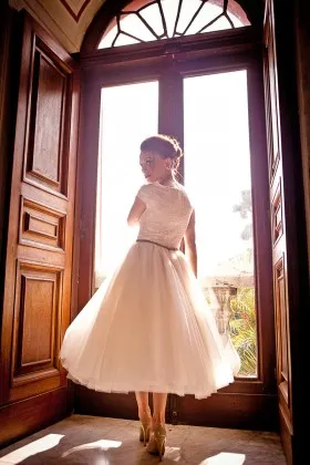 Tea length ivory lace and tulle cute cap sleeve wedding dress with burgundy belt