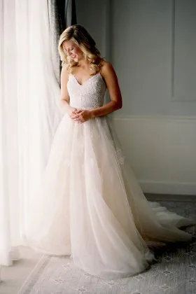 romantic blush lace and tulle modest V neckline wedding dress with spaghetti straps