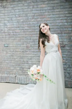 alluring scalloped deep V neckline ivory lace and organza A line wedding dress