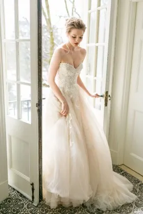 romantic blush tulle and lace strapless sweetheart spring wedding dress