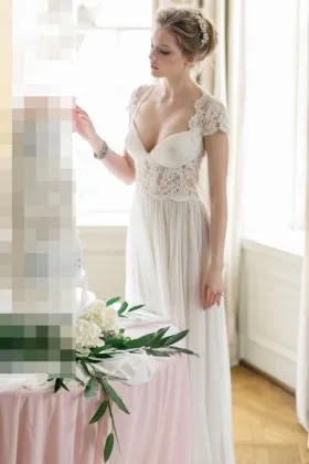 floor length ivory lace and chiffon illusion cap sleeve A line wedding dress