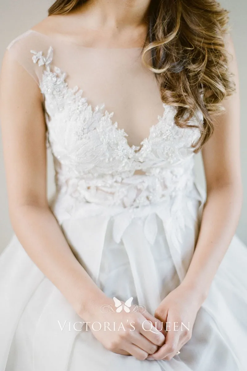 A Line V Neck Long Sleeves Organza Wedding Dress With Lace Appliques main image 0