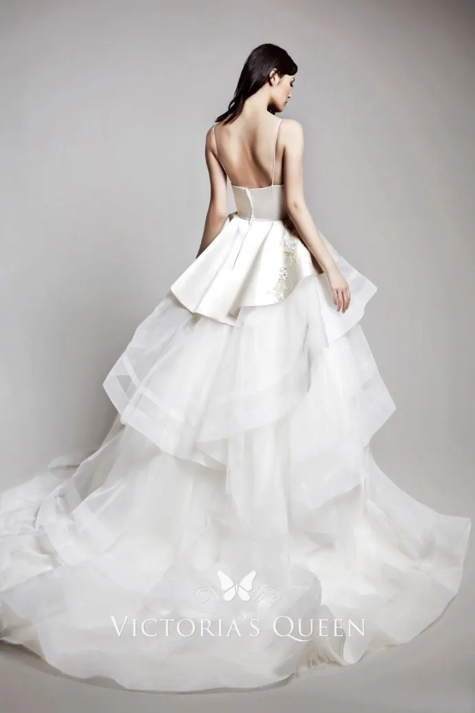 Peplum And Buttons Satin Tulle Tiered Wedding Ball Gown Vq