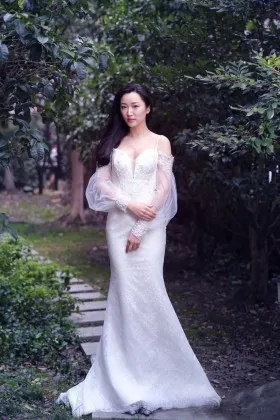 puffy sheer long sleeves elegant off shoulder lace beaded wedding dress
