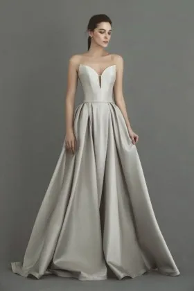 grand silver structured satin deep cut timeless strapless ball gown wedding dress