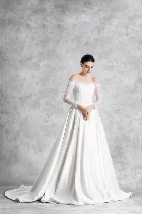 ivory lace and satin off the shoulder sweetheart illusion long sleeve wedding dress