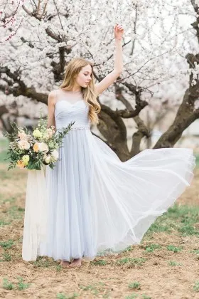 light blue chiffon with tulle overlay A line long bridal shower dress