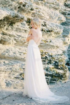 open back ivory chiffon off the shoulder floor length A line beach wedding dress