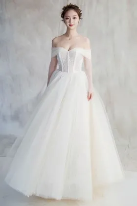 elegant off the shoulder ivory tulle buttons decorated wedding ball gown