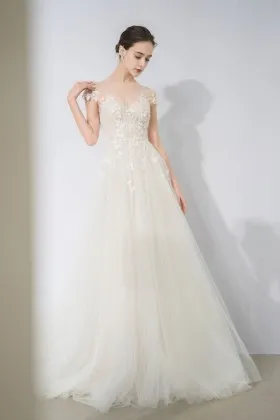 floral appliques romantic illusion cap sleeve ivory tulle full length wedding dress
