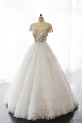 gorgeous gold embroidered off the shoulder ivory cascading tiered tulle ball gown
