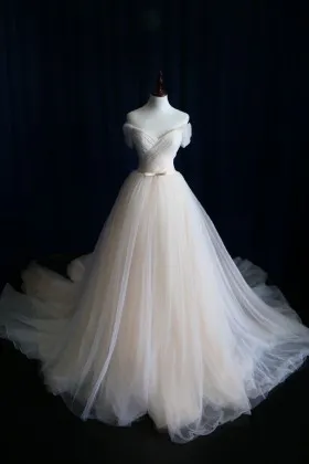 champagne tulle off the shoulder simple ball gown lace up wedding dress