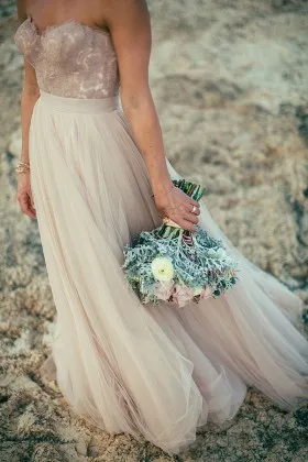 informal rustic blush tulle and lace strapless sweetheart full length wedding dress