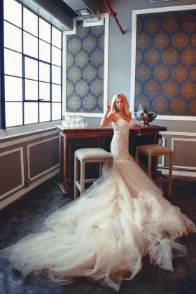 champagne colored tulle and lace drop waist mermaid court train wedding dress