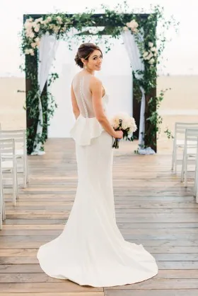 buttons sheer back ivory sweep train chic peplum mermaid wedding dress