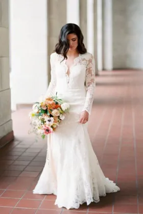 retro ivory lace scalloped deep cut neckline long sleeve mermaid wedding dress