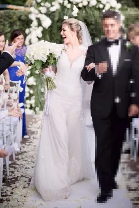 modern illusion long sleeve deep V neckline lace and tulle A line wedding dress