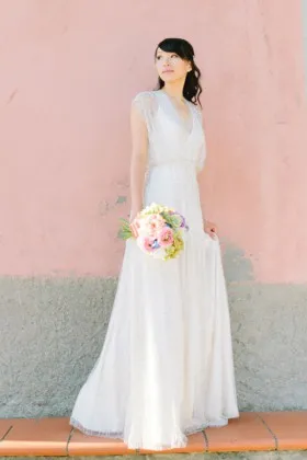 beaded bohemian style cap sleeve V neckline tulle A line wedding dress