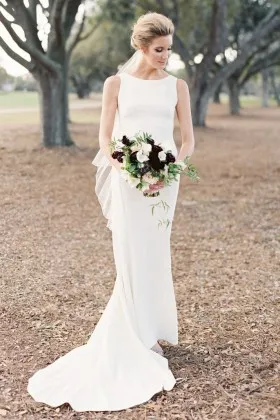 modest sleeveless boat neckline ivory mermaid long wedding dress