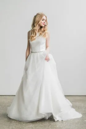 Off white satin with tulle overlay modern sleeveless long wedding gown