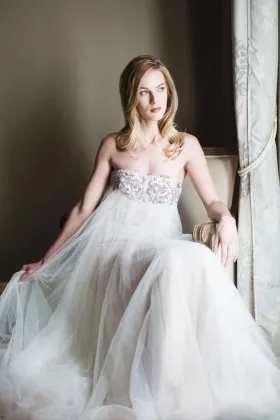 stunning beaded strapless straight across empire waistline tulle wedding dress