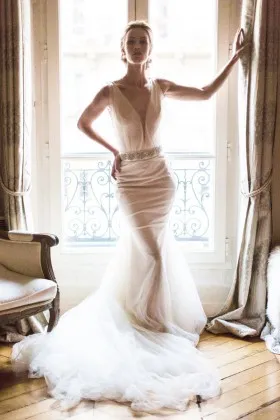 modern plunging V neckline pearls beaded airy tulle and satin wedding dress
