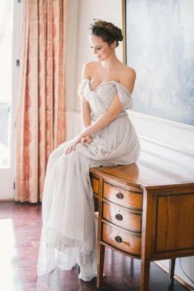 informal light grey pleated chiffon off the shoulder A line long wedding dress