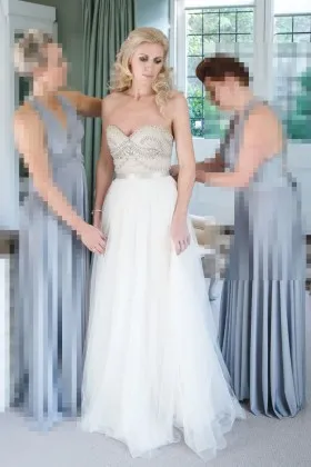 sparkling crystal embellished strapless sweetheart flowy tulle wedding dress